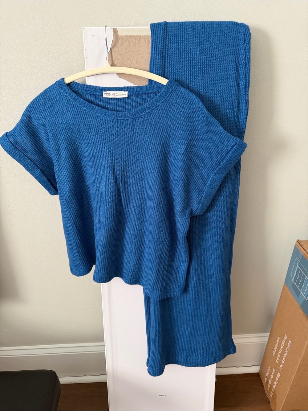 Zenana Blue Waffle Knit/light sweater Matching Set Tee & Flare Pants Size M